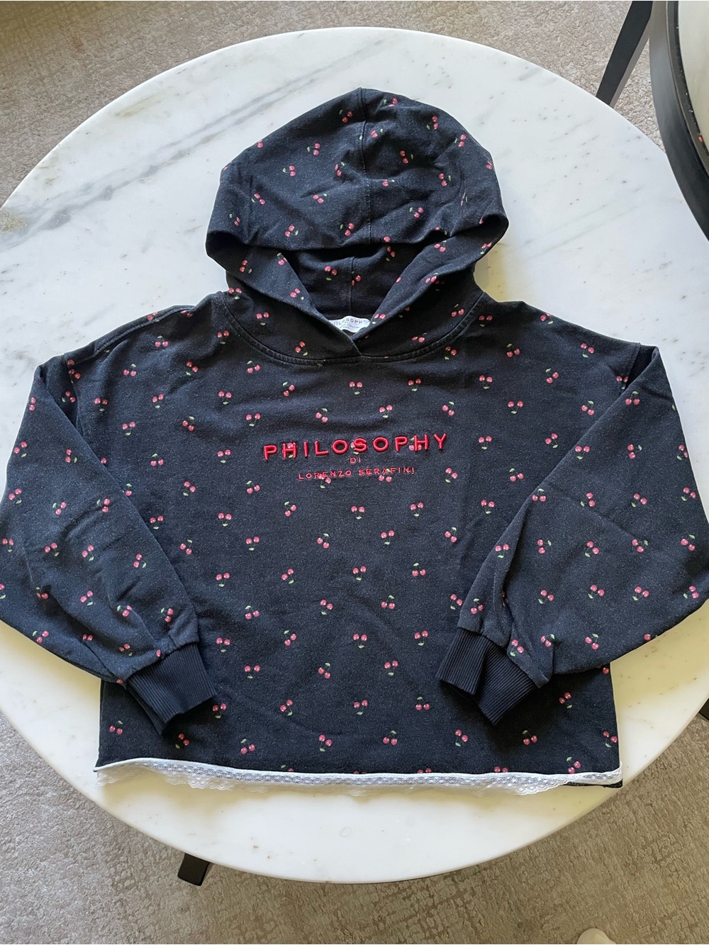 Philosophy di Lorenzo Serafini Black Hoodie Sweater with Red Cherry Print.